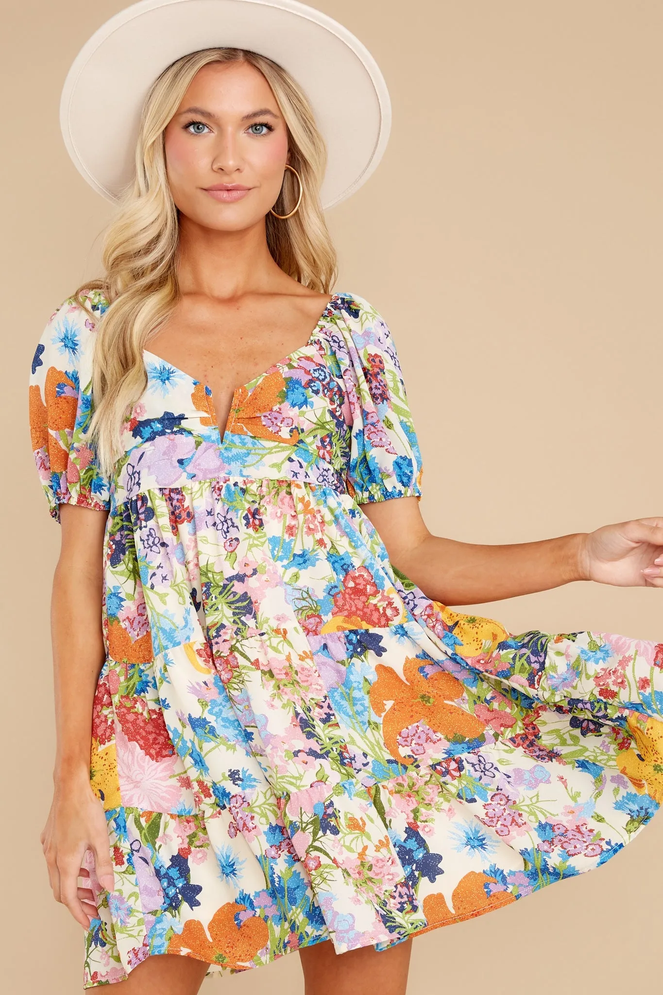 Gorgeous Darling Ivory Multi Floral Print Dress