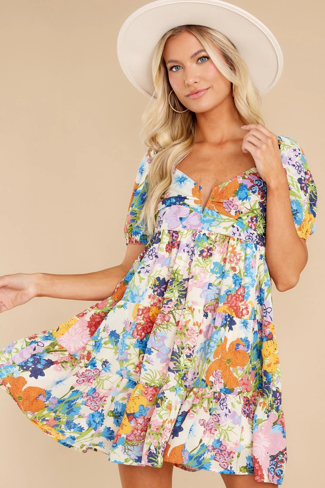 Gorgeous Darling Ivory Multi Floral Print Dress