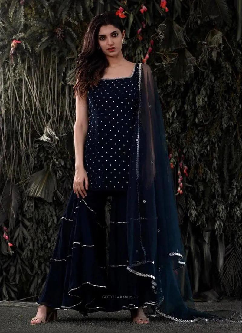 Gorgeous Navy Blue Georgette Sharara Salwar Suit