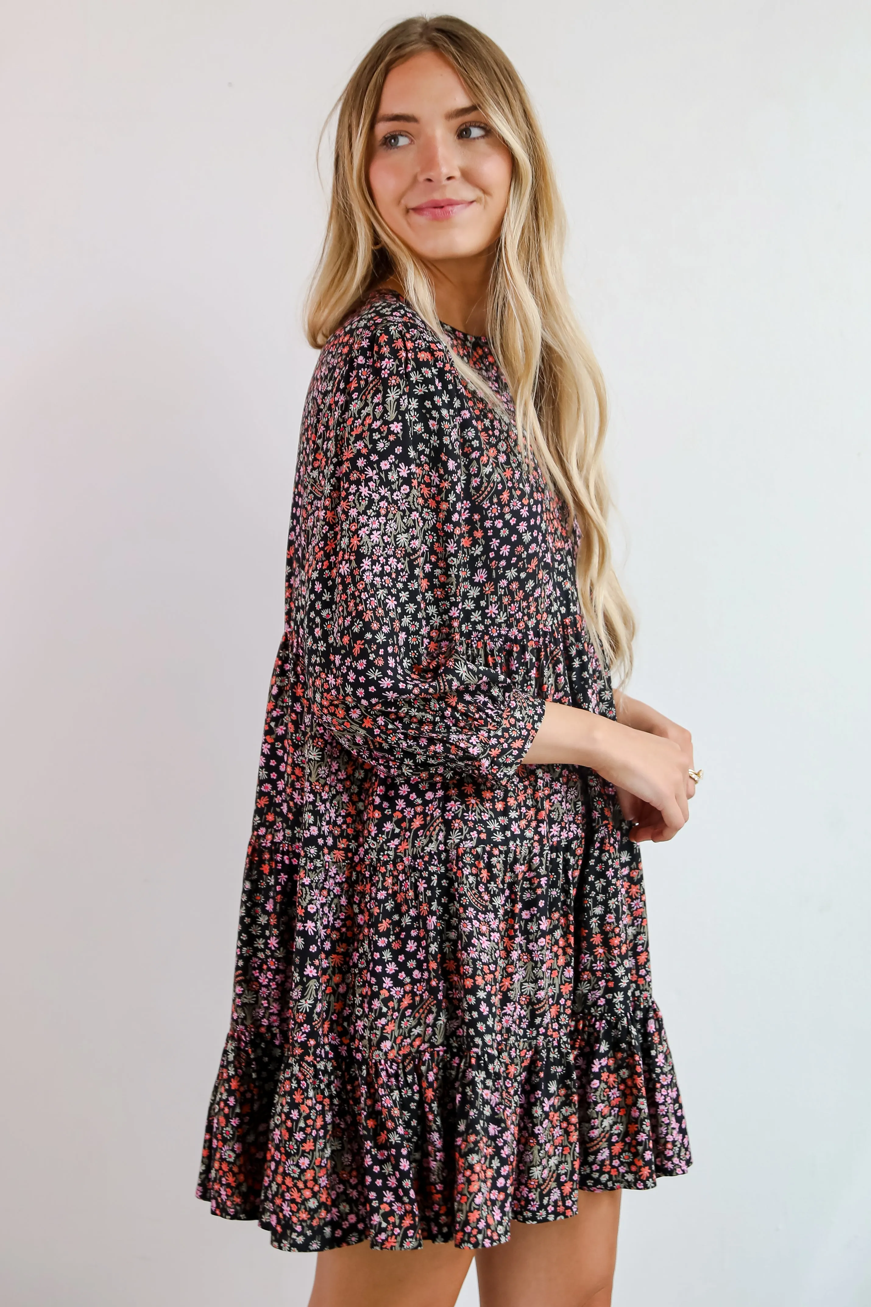 Gorgeous Outcome Black Floral Tiered Mini Dress