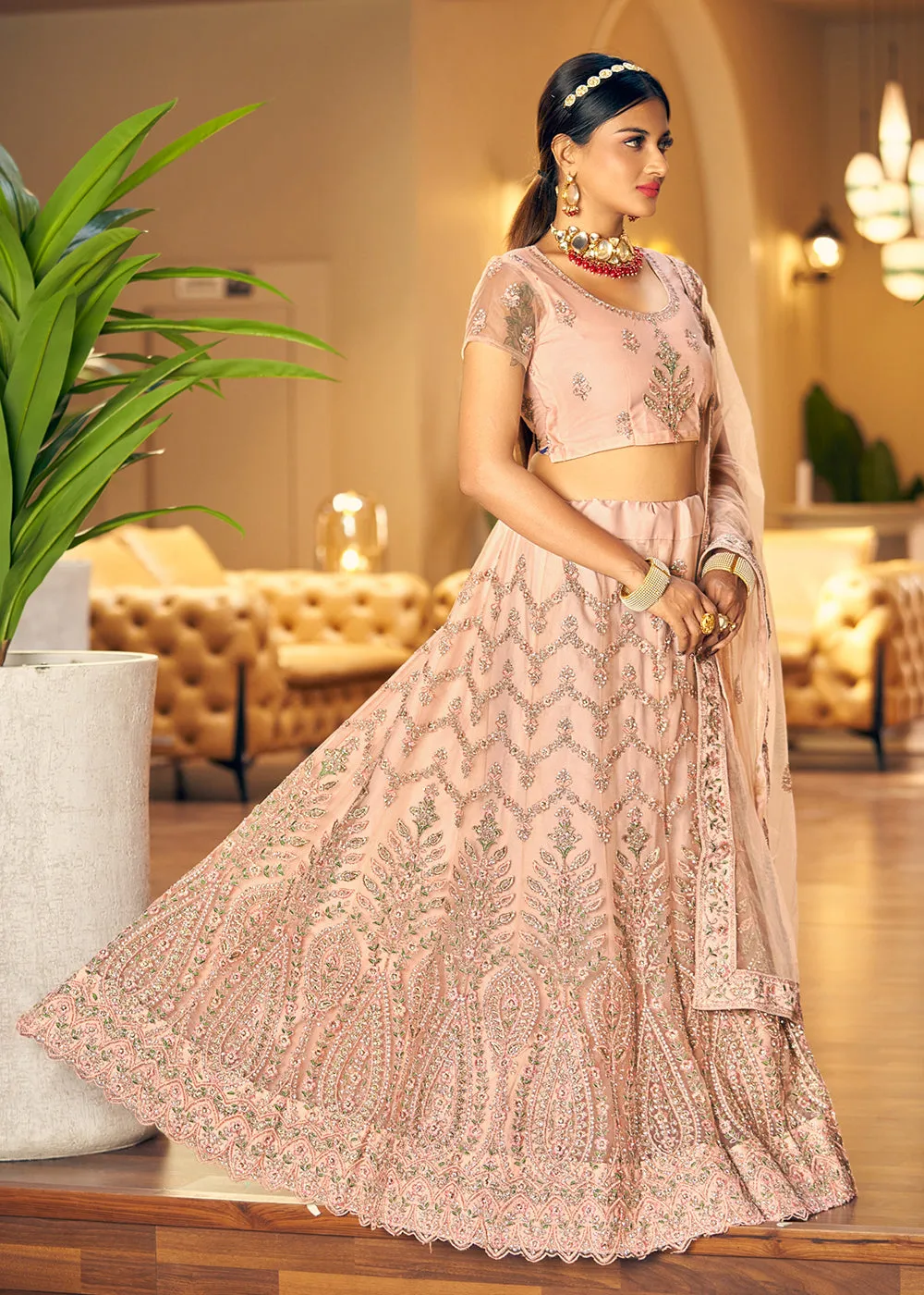 Gorgeous Peach Fancy Fabric Wedding Lehenga Choli