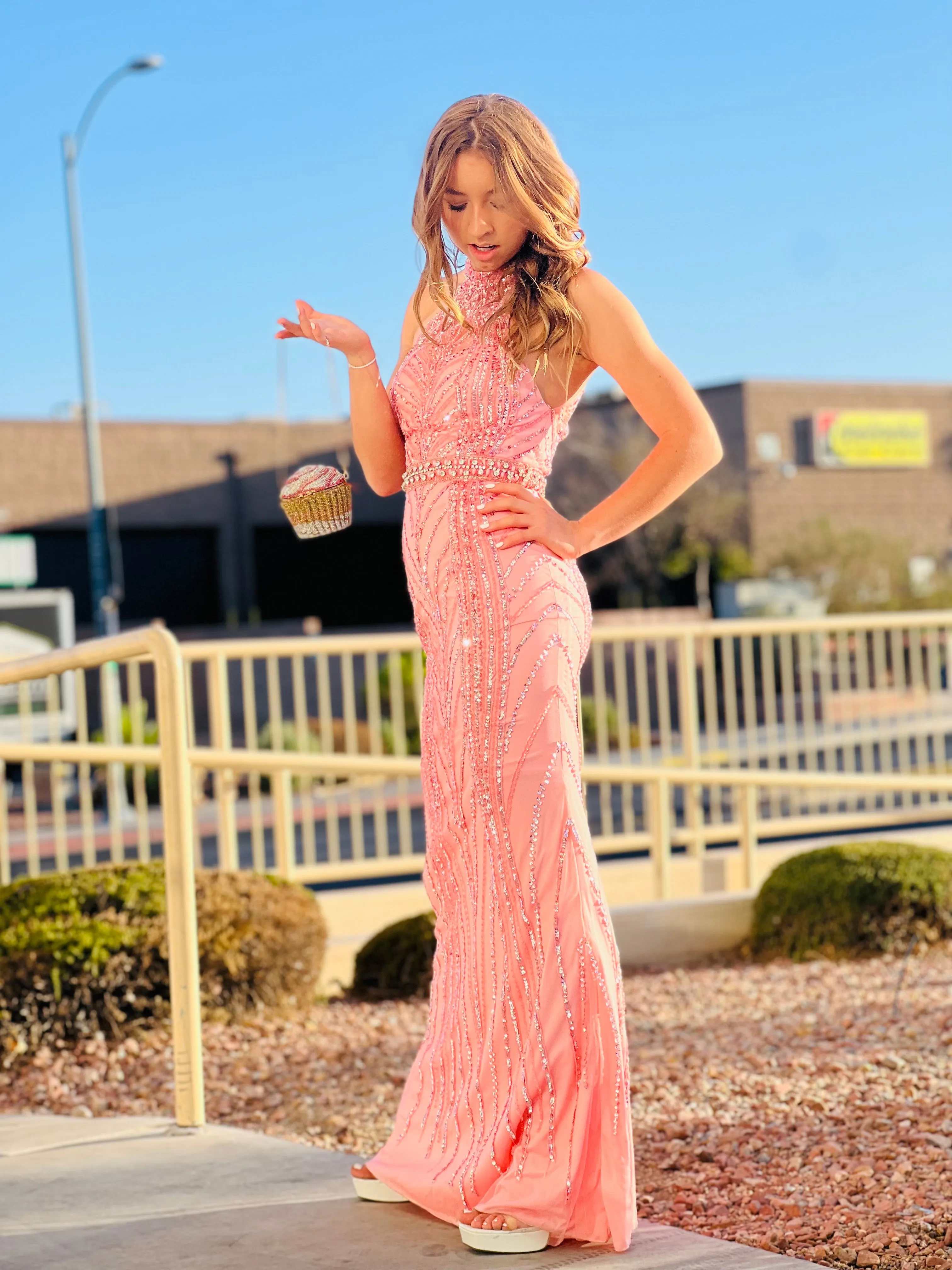 GORGEOUS Pink Halter Rhinestone Studded Gown