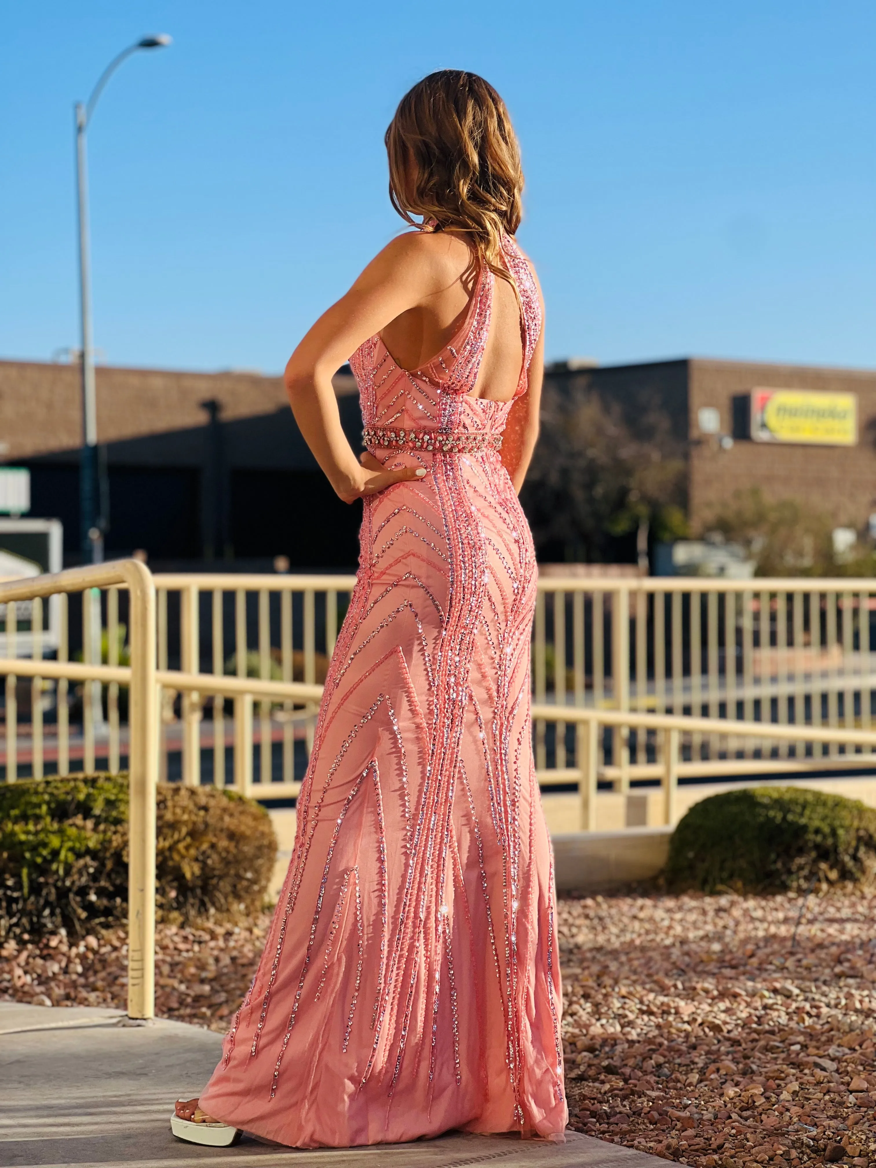 GORGEOUS Pink Halter Rhinestone Studded Gown