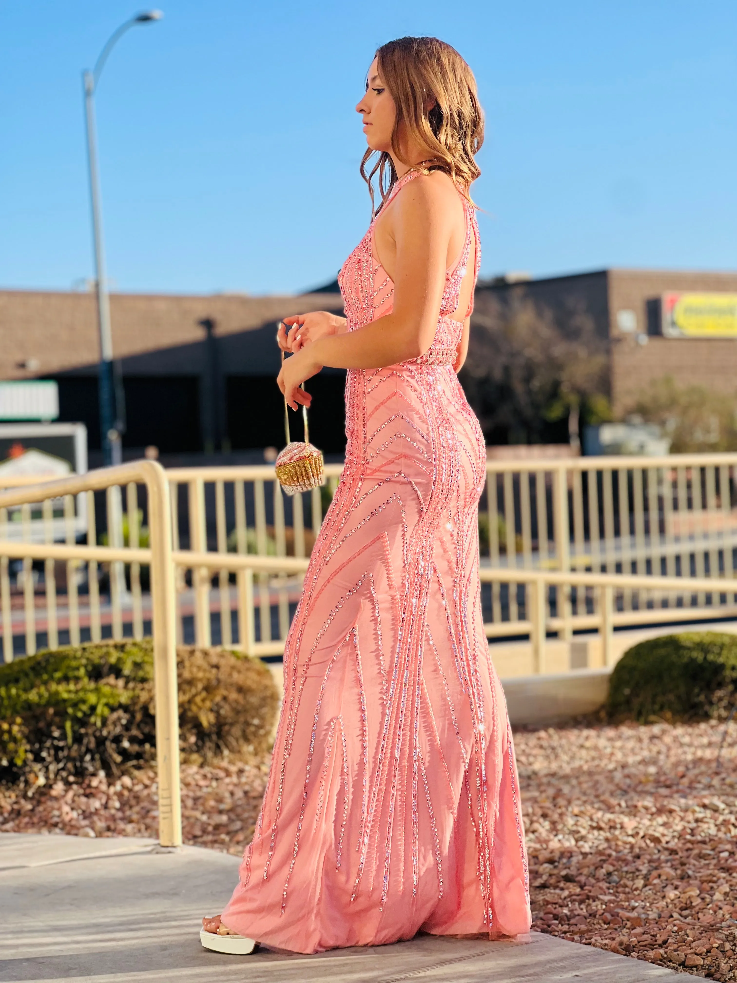 GORGEOUS Pink Halter Rhinestone Studded Gown