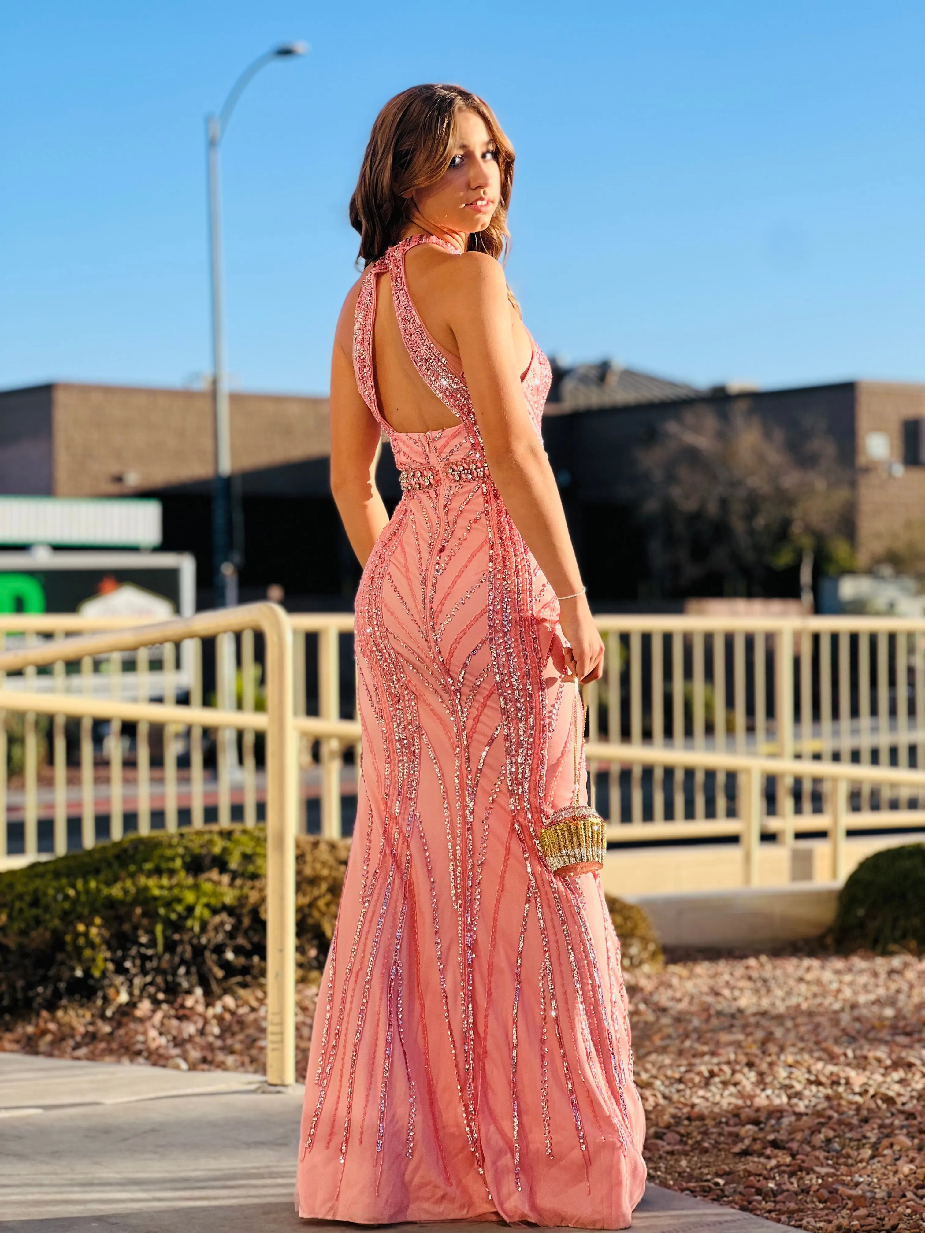 GORGEOUS Pink Halter Rhinestone Studded Gown