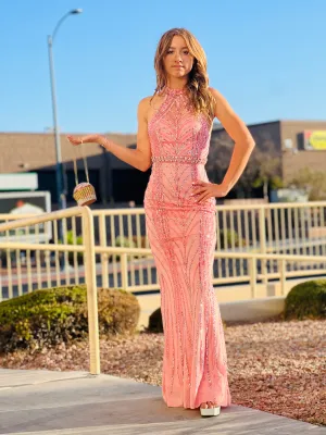 GORGEOUS Pink Halter Rhinestone Studded Gown