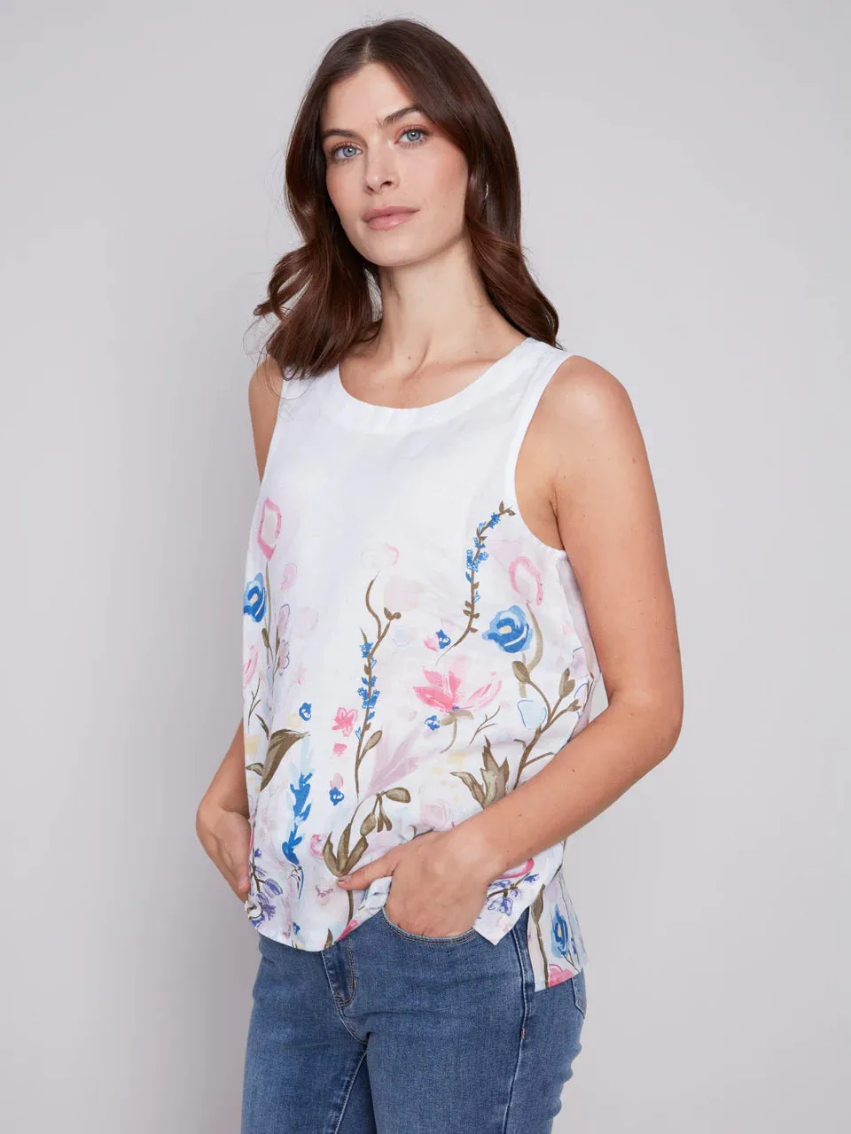 Gorgeous Printed Sleeveless Floral Linen Top