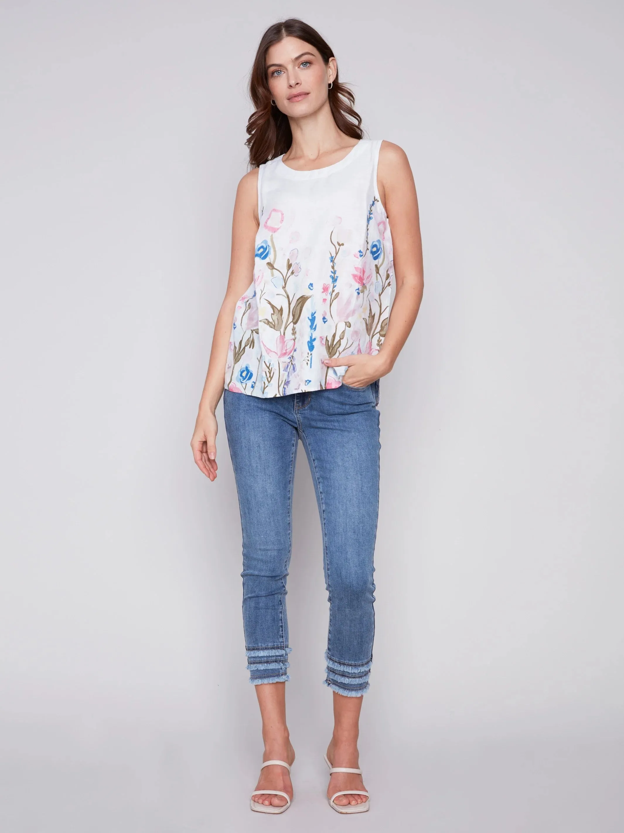 Gorgeous Printed Sleeveless Floral Linen Top