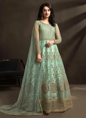 Gorgeous Teal Detailed Embroidered Designer Anarkali Suit