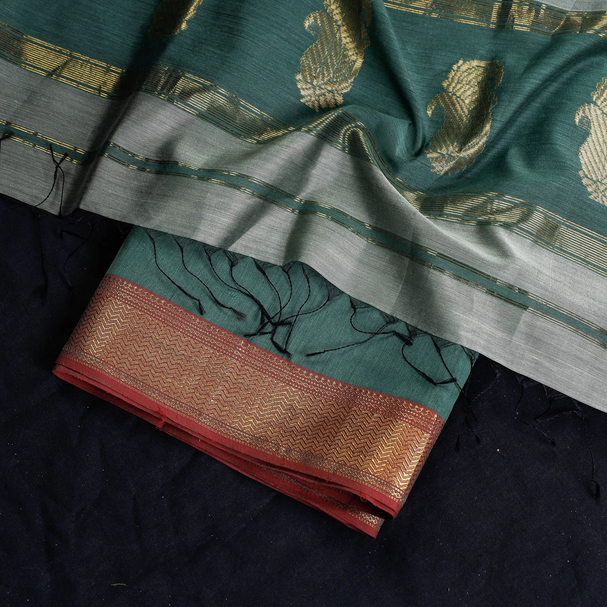 Green - 2pc Maheshwari Silk Cotton Handloom Suit Material Set with Zari Border