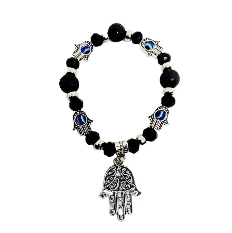 Hamsa with Evil Eye and Lava Stone Crystal Bracelet