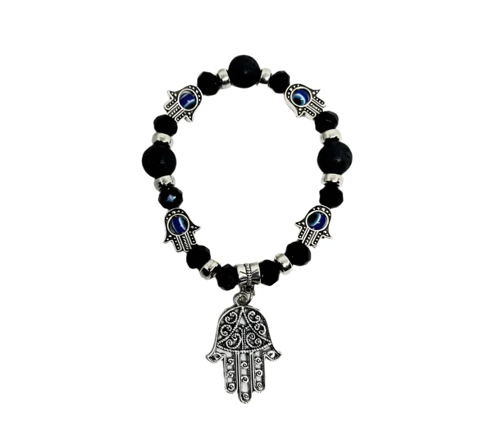 Hamsa with Evil Eye and Lava Stone Crystal Bracelet