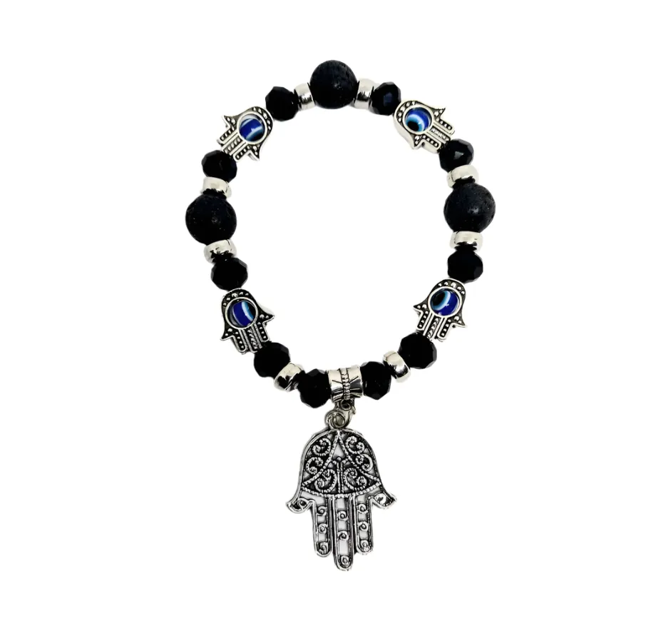 Hamsa with Evil Eye and Lava Stone Crystal Bracelet