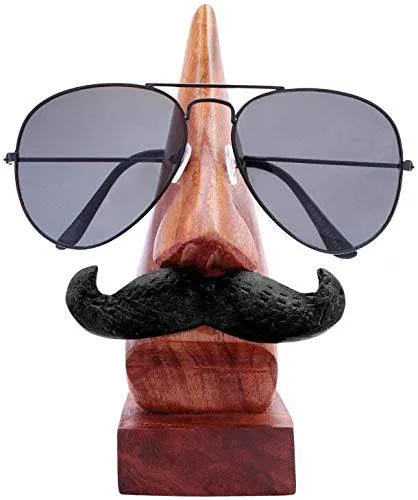 Handmade Wooden Nose Shaped Eyewear Holder with Black Mustache