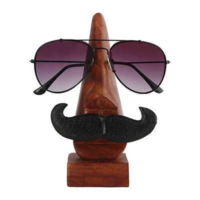 Handmade Wooden Nose Shaped Eyewear Holder with Black Mustache