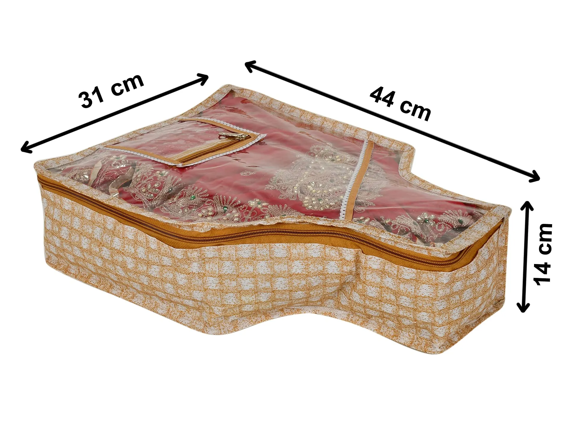 Heart Home Check Printed Transparent Blouse Cover Wardrobe Organiser Clothes Storage Bag With 1 Small Pocket (Set of 4,Gold)-HS_38_HEARTH21433