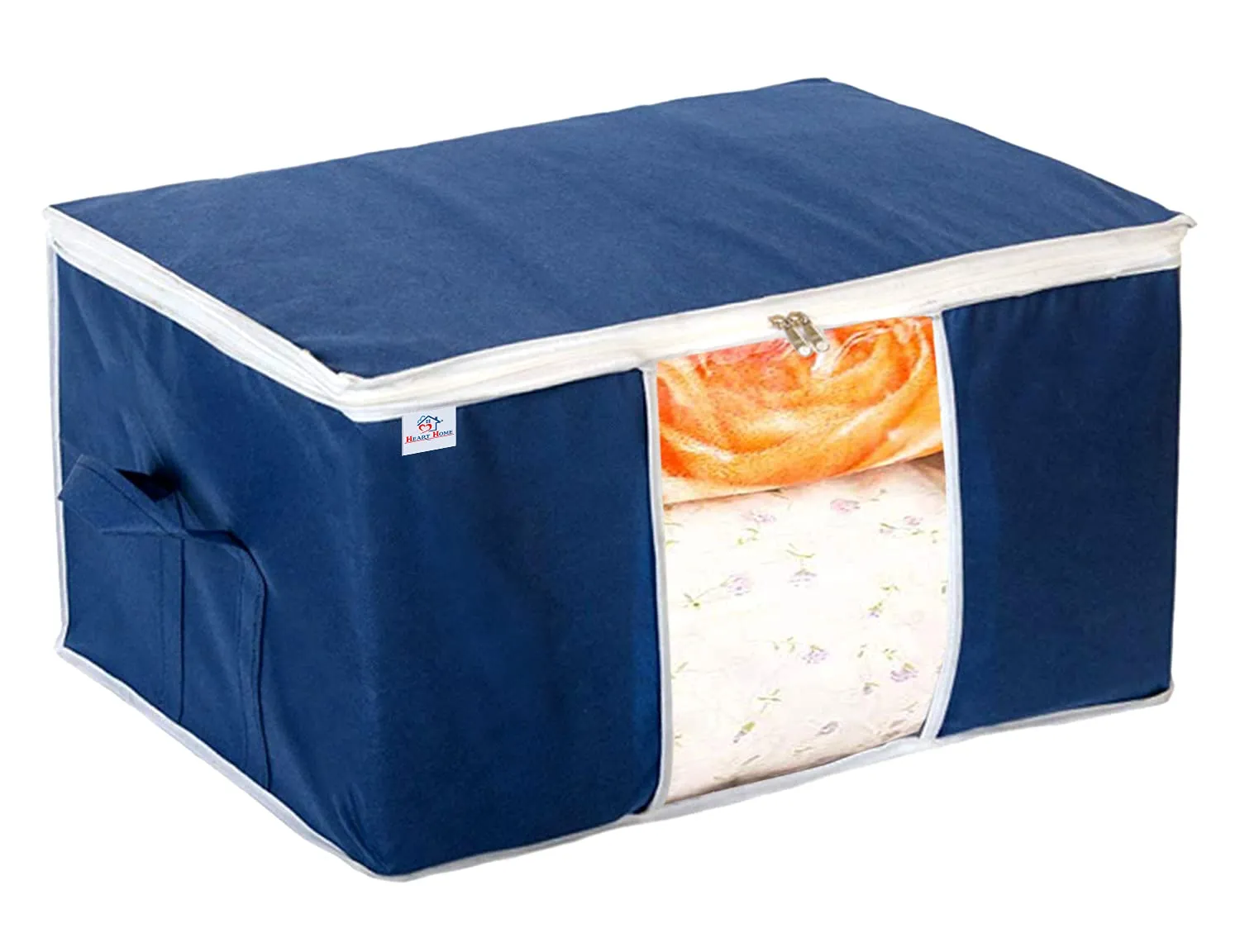 Heart Home Clothing Storage Bags, Under Bed Foldable Organizer, Store Blankets, Clothes With Tranasparent Window- Pack of 3 (Navy Blue)-HS_38_HEARTH21709