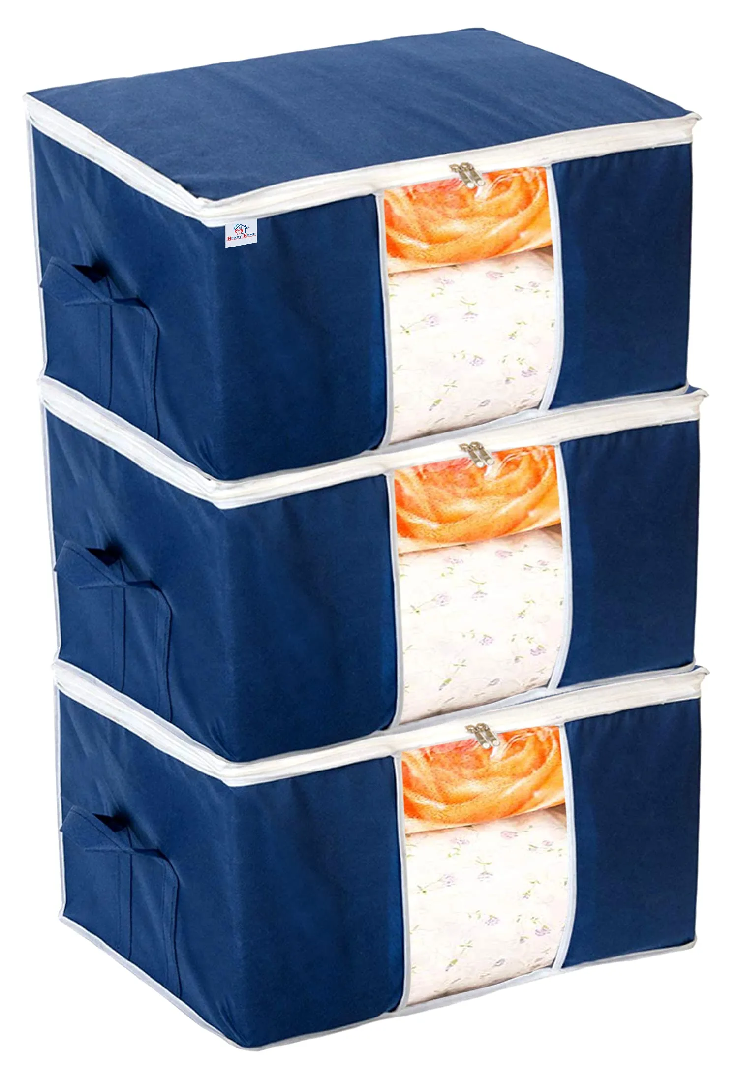 Heart Home Clothing Storage Bags, Under Bed Foldable Organizer, Store Blankets, Clothes With Tranasparent Window- Pack of 3 (Navy Blue)-HS_38_HEARTH21709