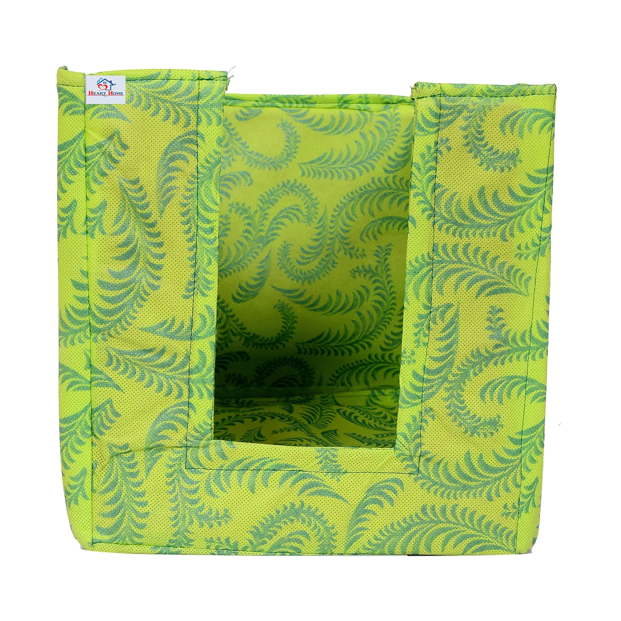 Heart Home Metalic Leaf Print Foldable Rectangle Cloth Saree Stacker Cloth Wardrobe Organizer- Pack of 6 (Green)