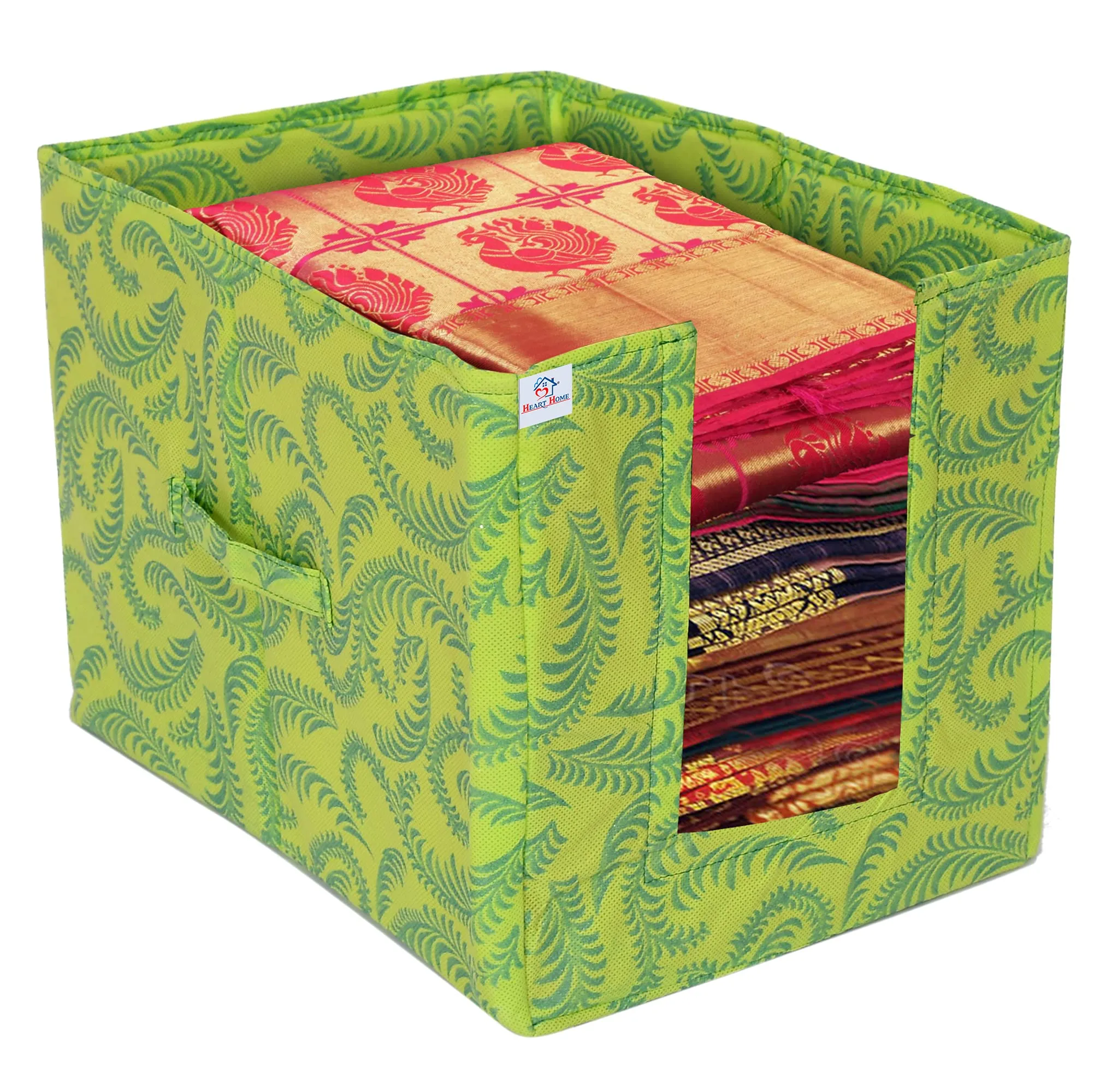 Heart Home Metalic Leaf Print Foldable Rectangle Cloth Saree Stacker Cloth Wardrobe Organizer- Pack of 6 (Green)