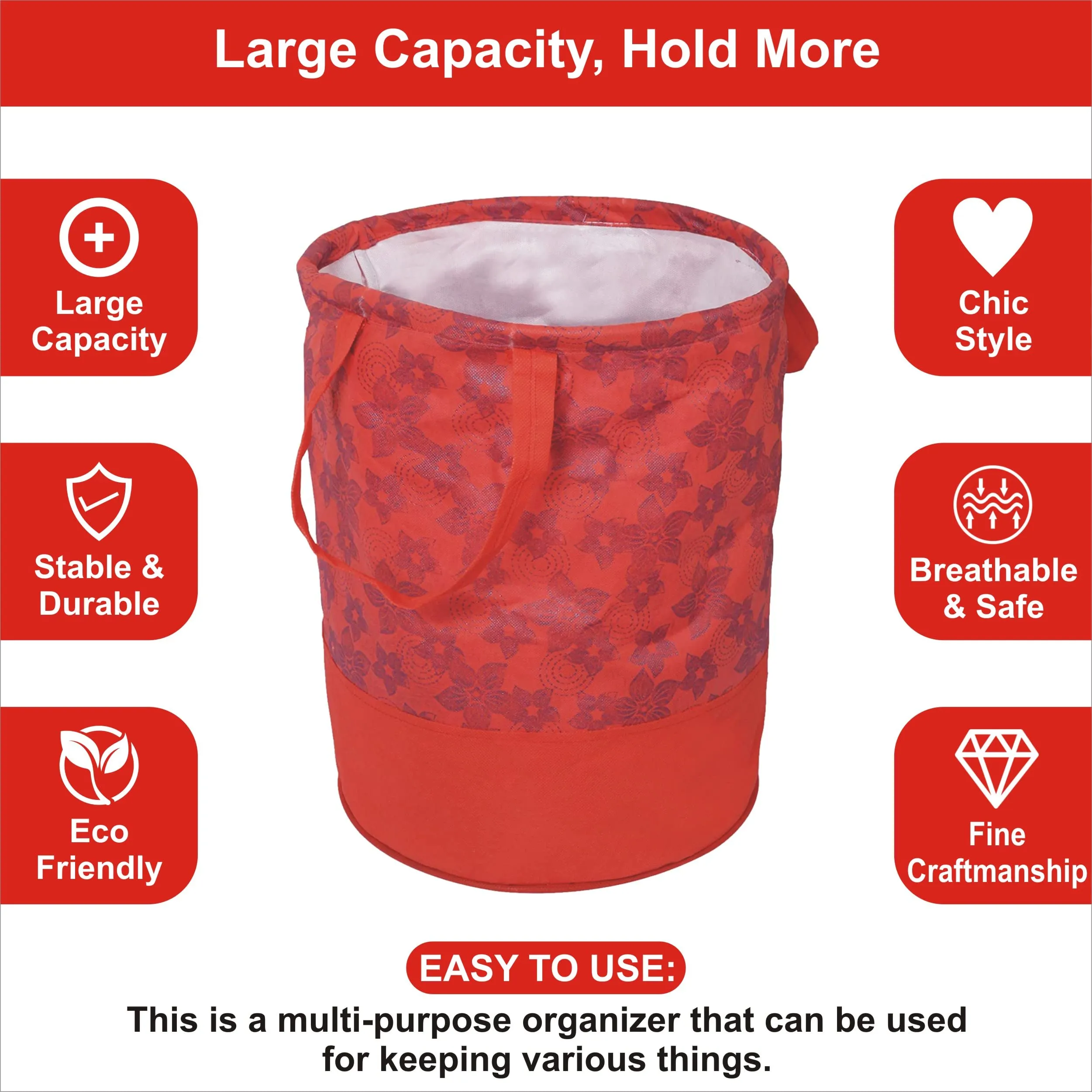 Homestic Non-Woven Round Laundry Basket For clothes|Foldable Toy Storage Organizer|Reinforced Handle With Sturdy Base|Capicity 45 Ltr (Red)