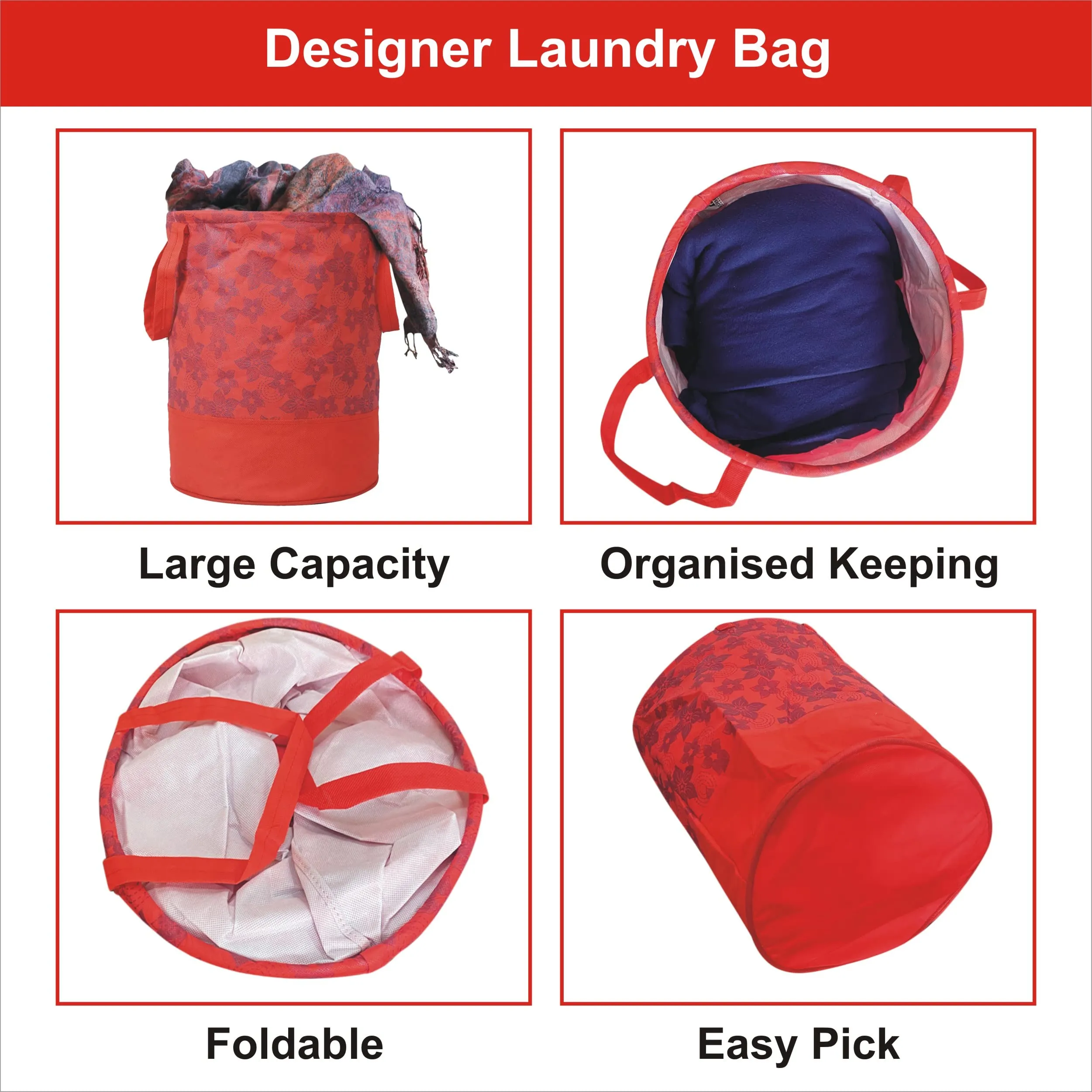 Homestic Non-Woven Round Laundry Basket For clothes|Foldable Toy Storage Organizer|Reinforced Handle With Sturdy Base|Capicity 45 Ltr (Red)