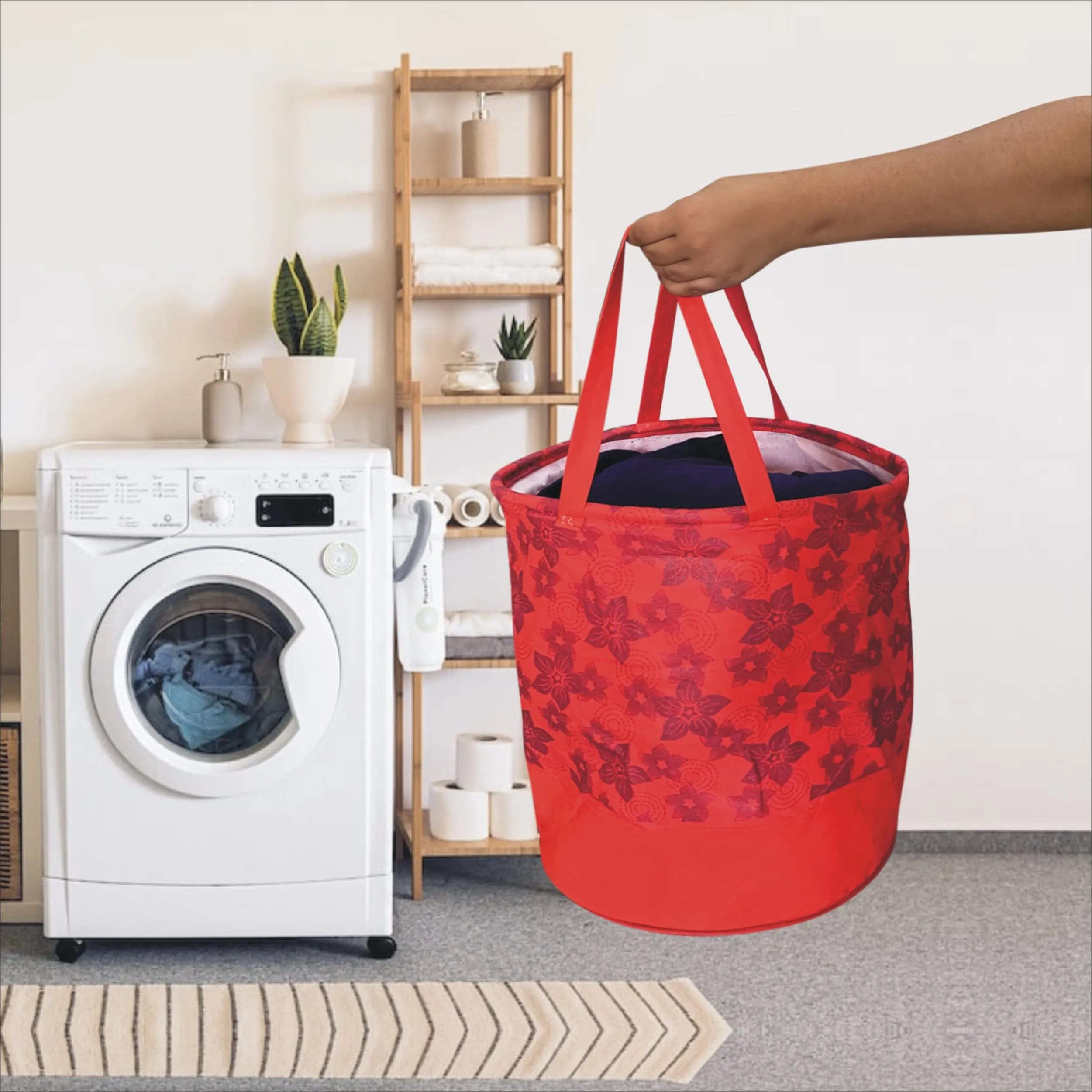 Homestic Non-Woven Round Laundry Basket For clothes|Foldable Toy Storage Organizer|Reinforced Handle With Sturdy Base|Capicity 45 Ltr (Red)