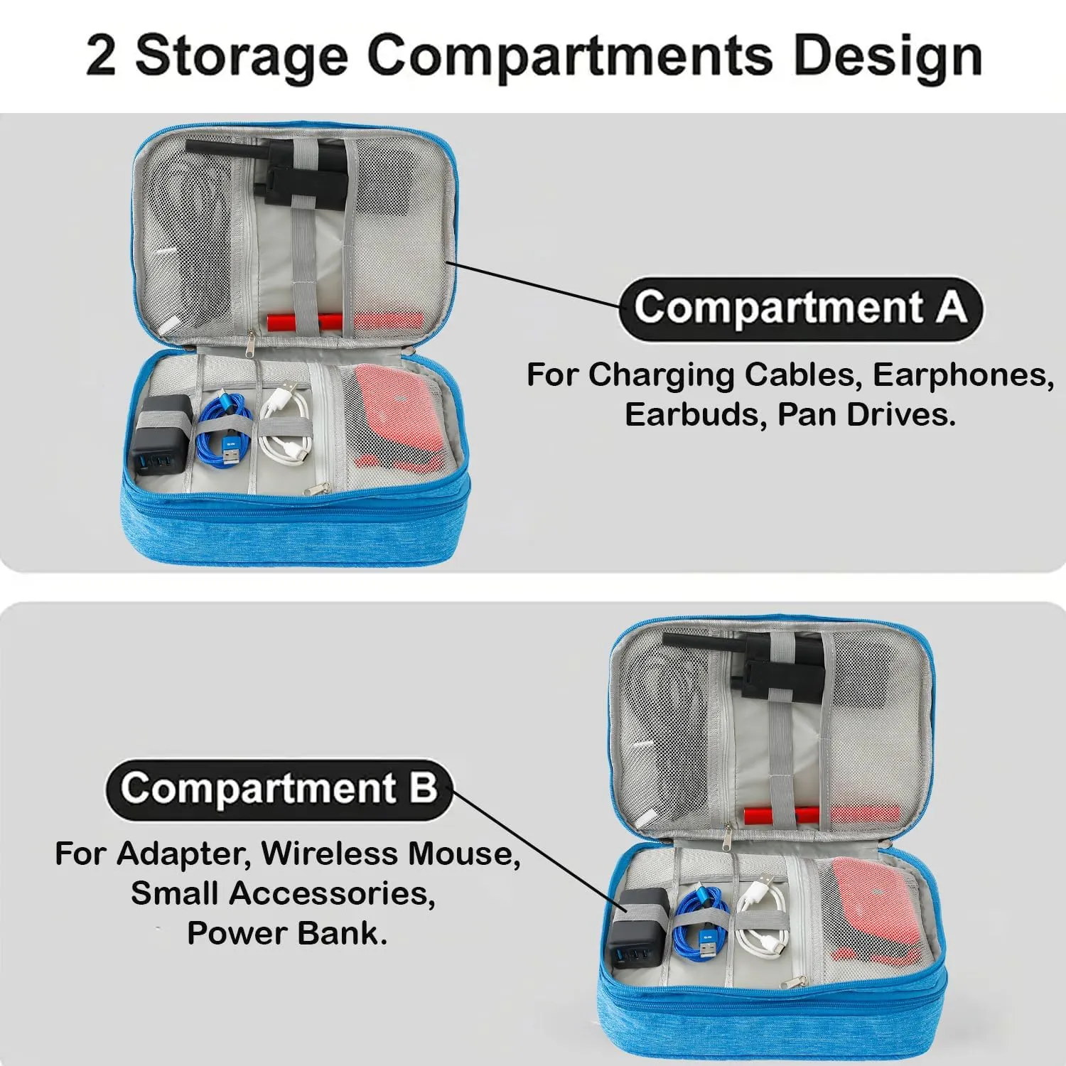 Homestic Travel Organizer For Electronic Accessories|Multipurpose Pouch|Adapter, Cable, Gadget Organizer|Three Comparment With Zipper (Blue)