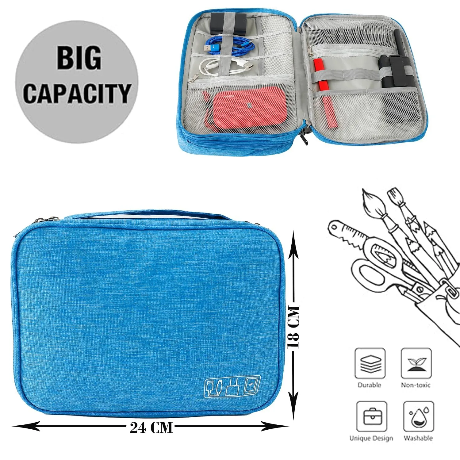 Homestic Travel Organizer For Electronic Accessories|Multipurpose Pouch|Adapter, Cable, Gadget Organizer|Three Comparment With Zipper (Blue)