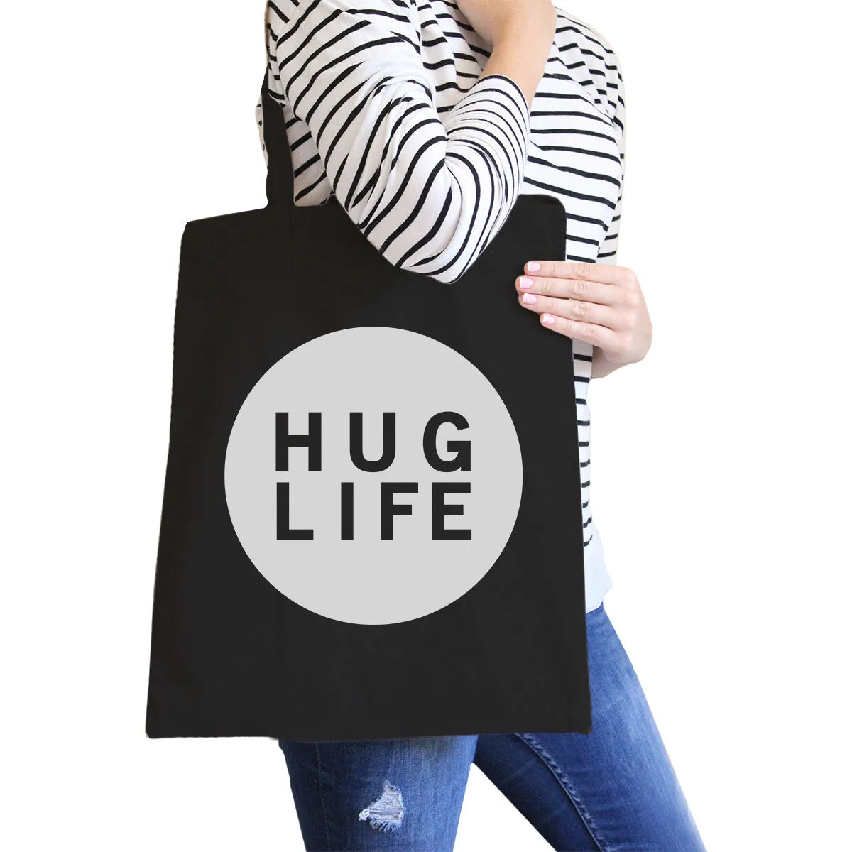 Hug Life Black Canvas Bag Simple Trendy Design Pocket Size Graphic