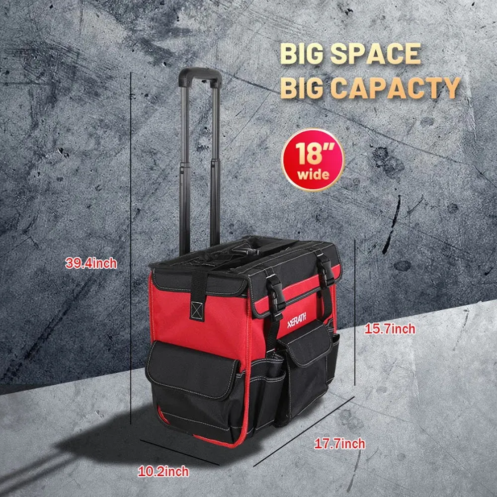 KAPAS 18 inch Quality Rolling Tool Bag with Handle, Strengthen Load Bearing, Silent Pulley, Multiple Pockets, Suitable for Electricians, Handymen, Larger Capacity Tool Bag