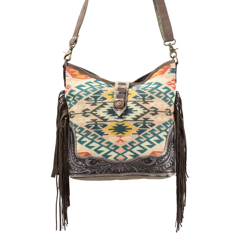 KB396 - KB396-CROSS BODY Hand Tooled Saddle Leather and Upcycled Canvas Ladies Bag Standard - KB396