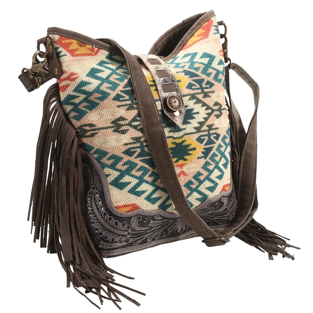 KB396 - KB396-CROSS BODY Hand Tooled Saddle Leather and Upcycled Canvas Ladies Bag Standard - KB396