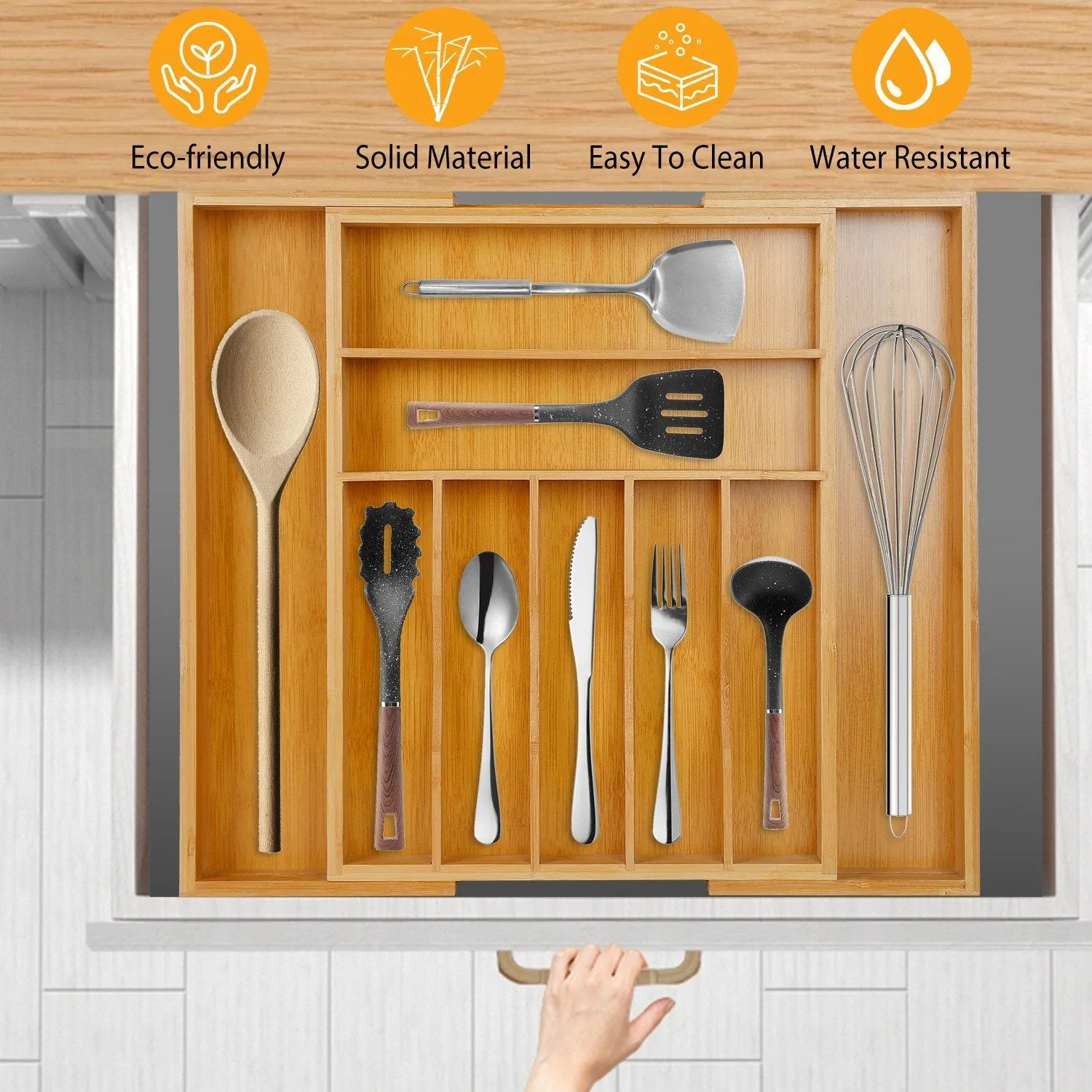 Kitchen Bamboo Expandable Cutlery Utensil Drawer Organizer