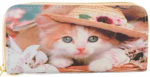 Kitten Hat Cute Bi-Fold Vegan Leather Wallet Wristlet