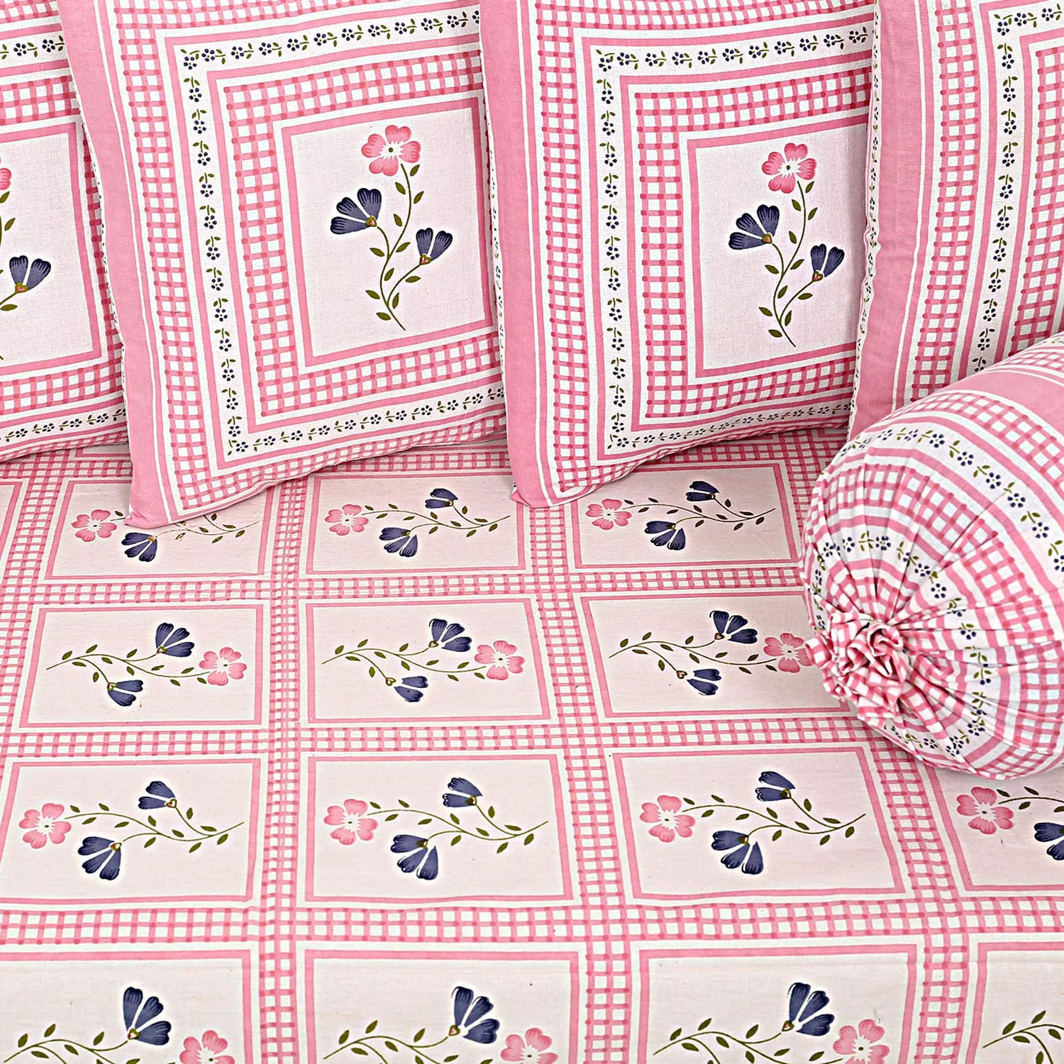 Kuber Industries Cotton Diwan Set for Living Room, Kids Room, Nursery Room with Floral Design Border, Set of 8 Pieces (Pink), (Model: HS_37_KUBMART019590), Full