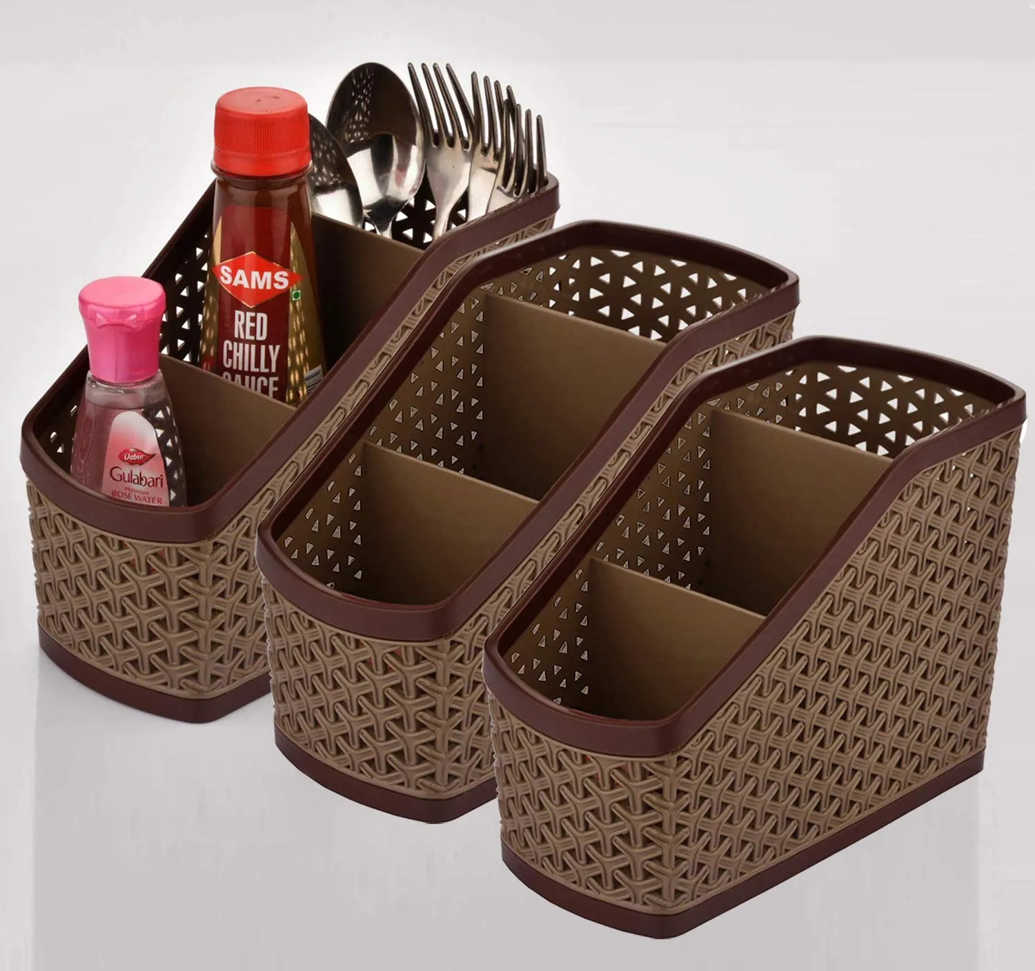 Kuber Industries Plastic 3 Pieces Multi-Purpose Compact Desk Storage Organizer Stationary Box for Case Pen Pencil Holder, Plastic Cosmetics, Make Up Organizer Container(Brown)-KUBMART3226