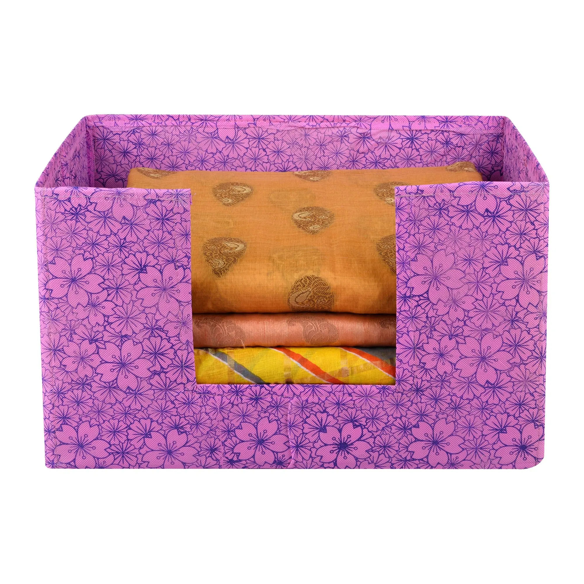 Kuber Industries Saree Organizer | Storage Box for Wardrobe | Closet Storage Organizer with Handle | Cloth Organizer for Women | Drawer Storage Box | Flower-Design | Purple