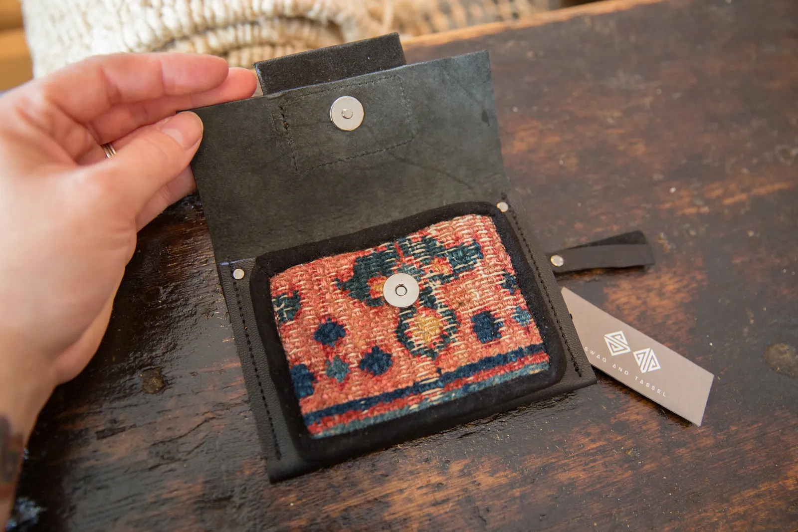 Leather and Rug Fragment Coin Purse / Wallet with Zipper