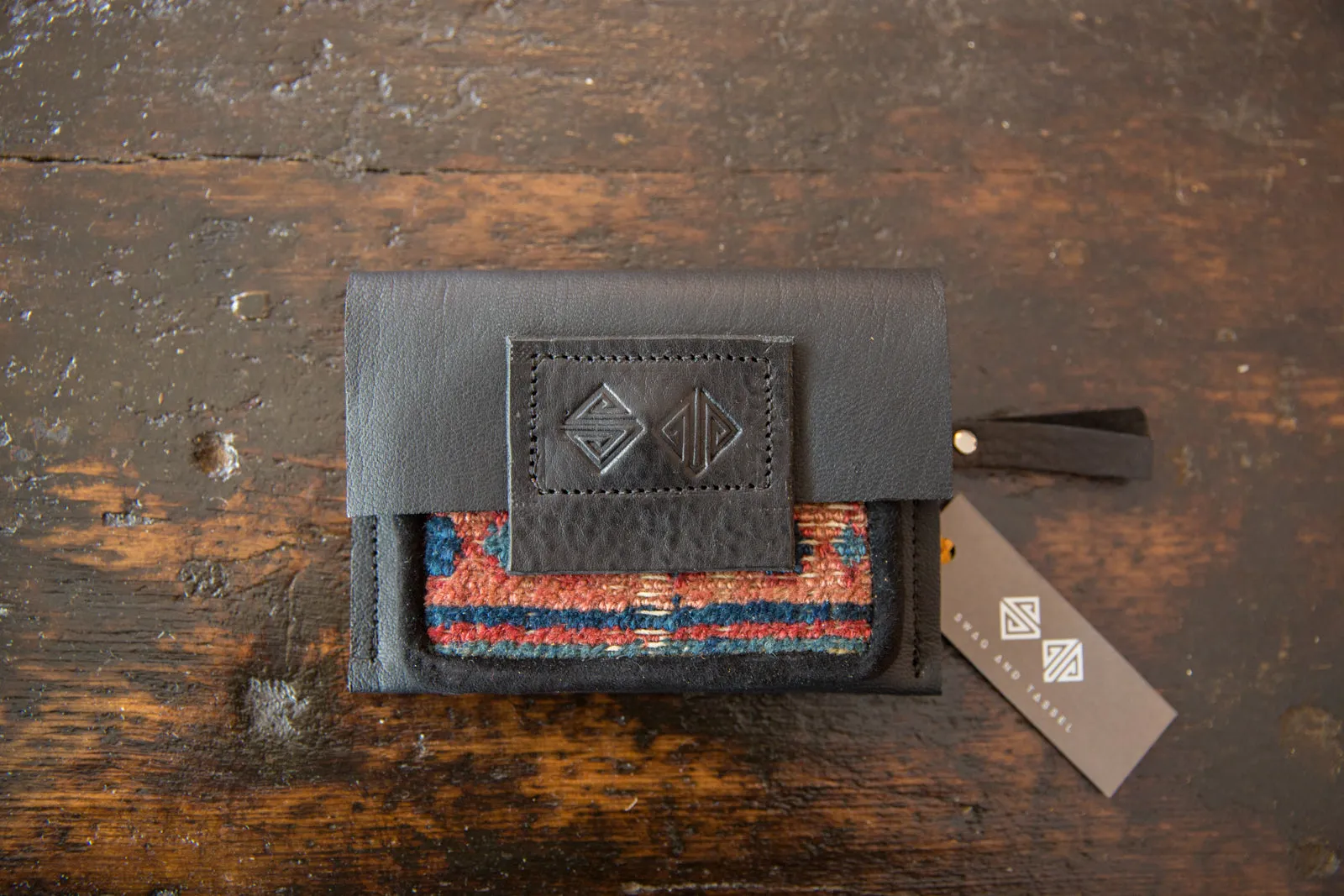 Leather and Rug Fragment Coin Purse / Wallet with Zipper