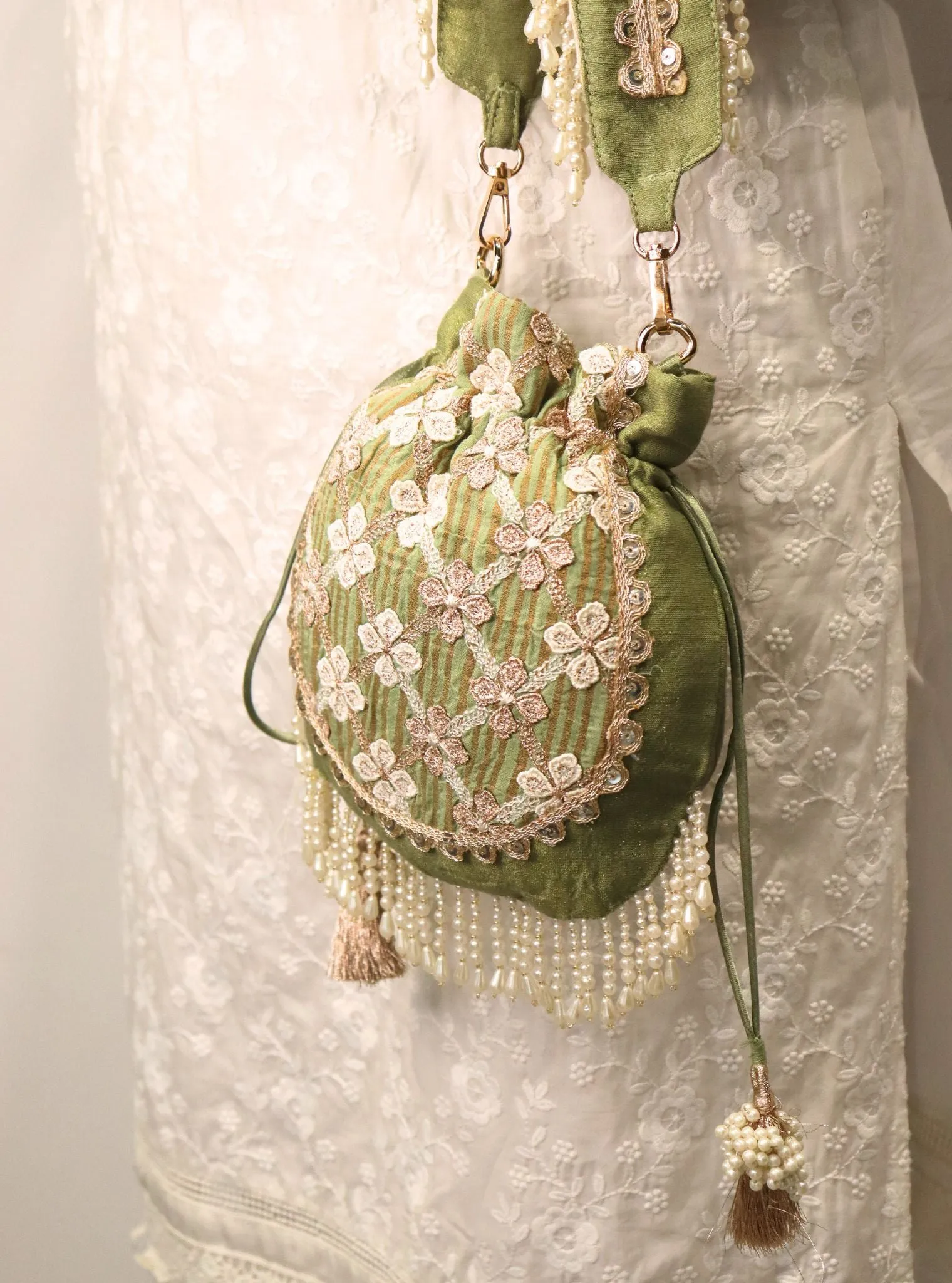 Mulmul Resham Sage Green Potli Bag