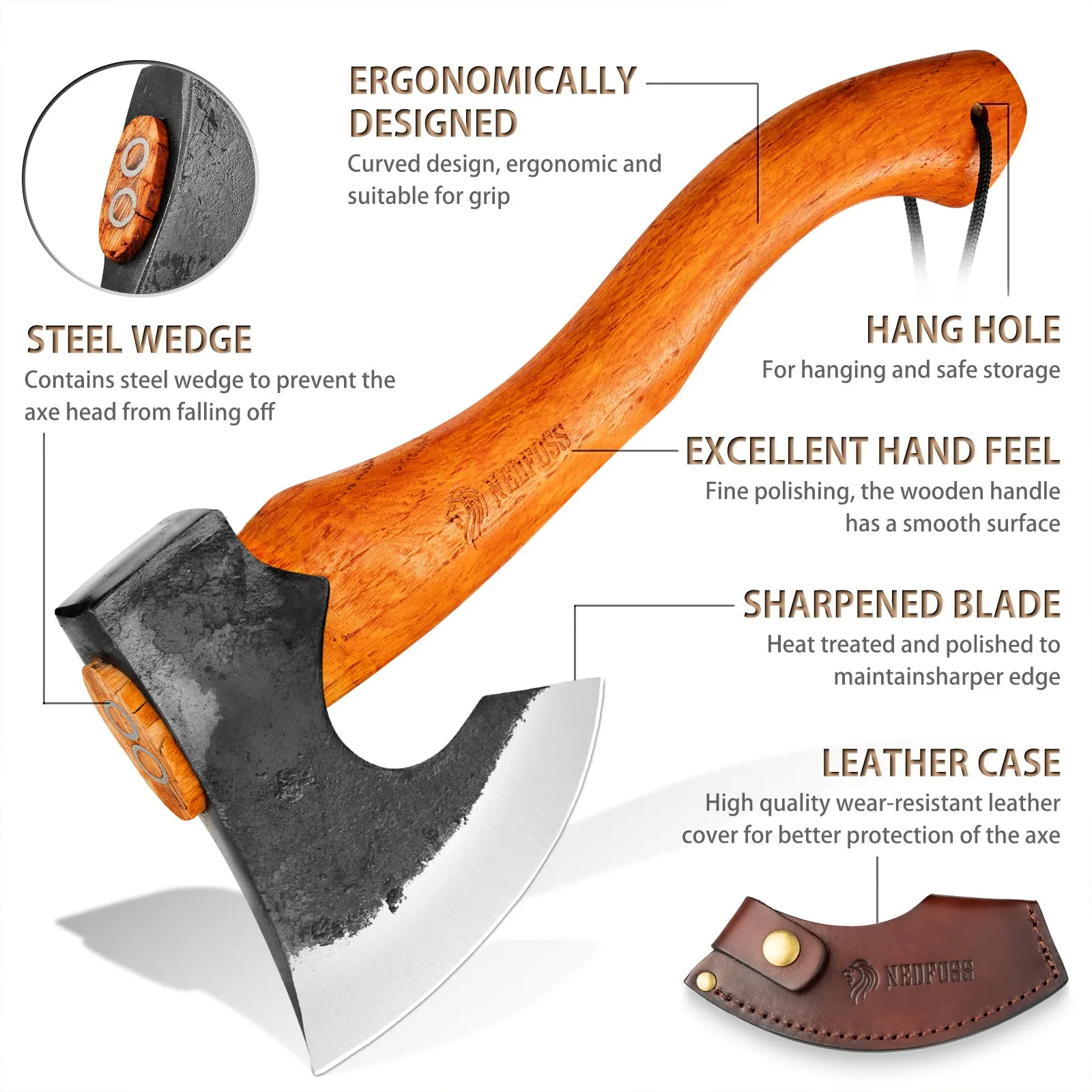 Nedfoss Camping Hatchet Axe, Wooden Handle Bushcraft Axe with Sheath, Viking Axe with Steel Wedge, Hand Forged Hatchet