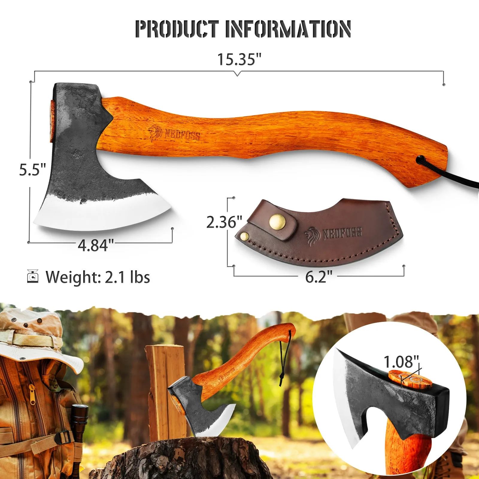 Nedfoss Camping Hatchet Axe, Wooden Handle Bushcraft Axe with Sheath, Viking Axe with Steel Wedge, Hand Forged Hatchet