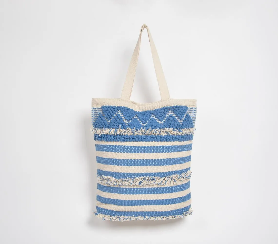 Ocean Striped & Tufted Beach Tote Bag