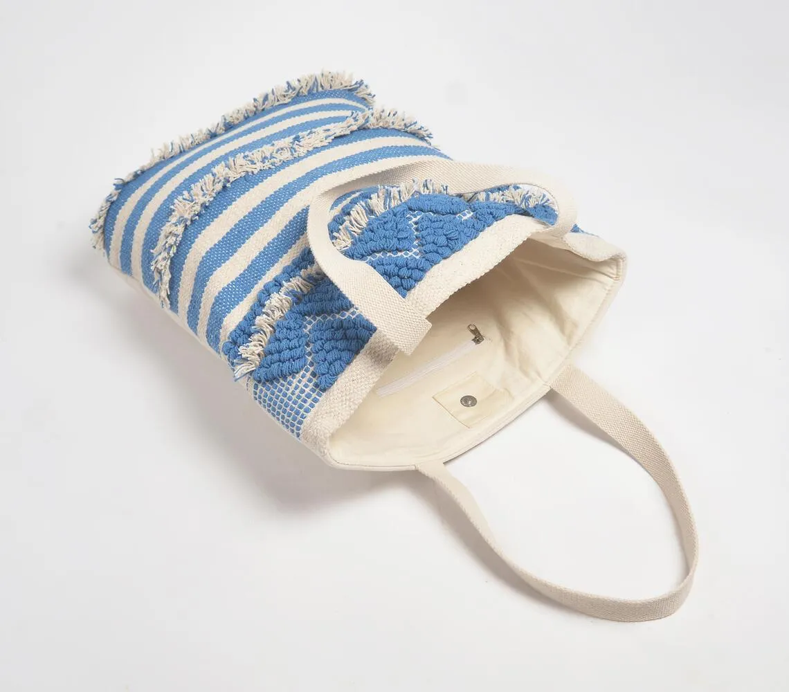 Ocean Striped & Tufted Beach Tote Bag