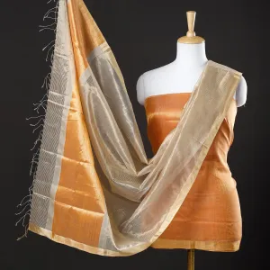 Orange - 2pc Maheshwari Silk Cotton Handloom Tissue Zari Stripe Suit Material Set