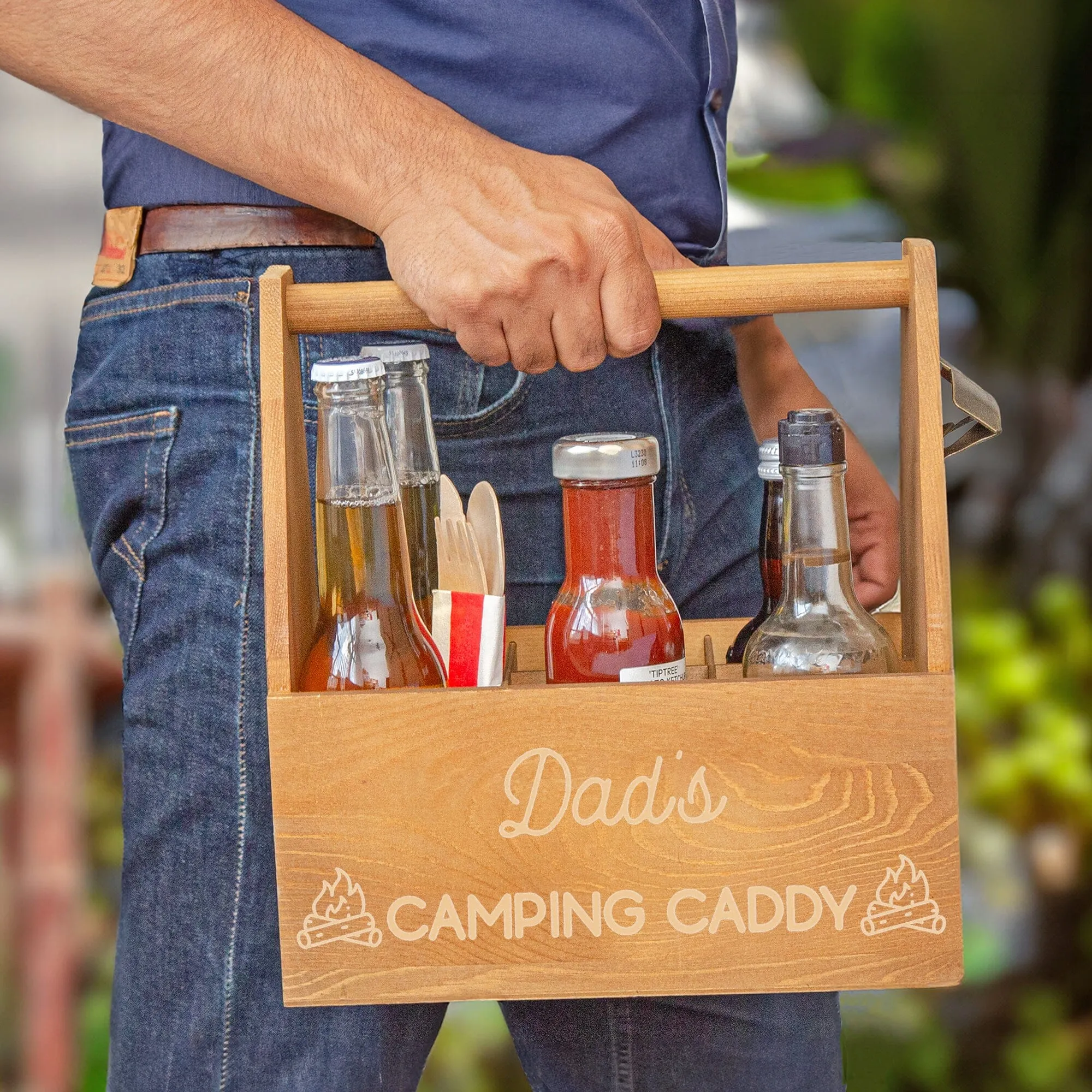 Personalised Camping Wooden Caddy with Bottle Opener