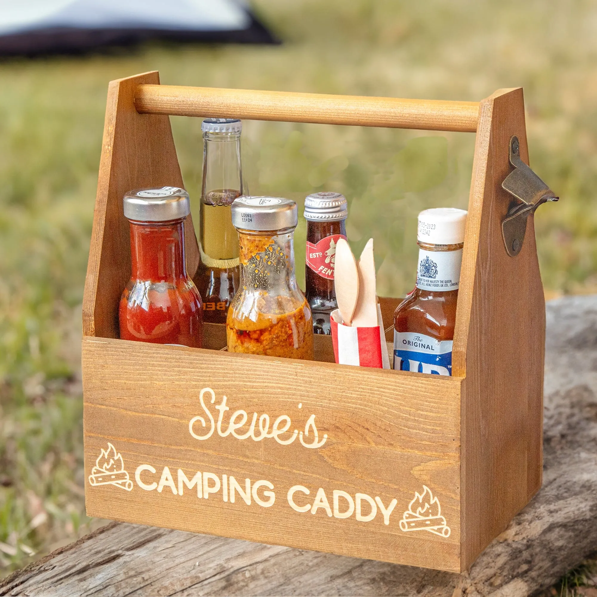 Personalised Camping Wooden Caddy with Bottle Opener