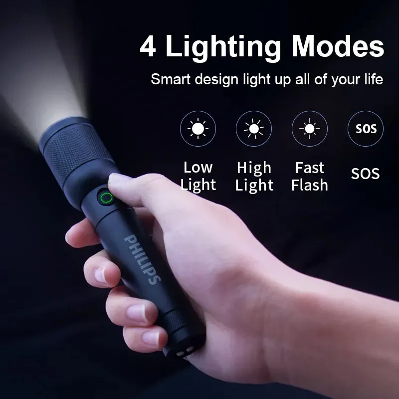 Philips SFL6168 Zoom Flashlight with USB Charging 18650 Battery Portable Flashlights Rechargeable Lamp for Self Defense Camping