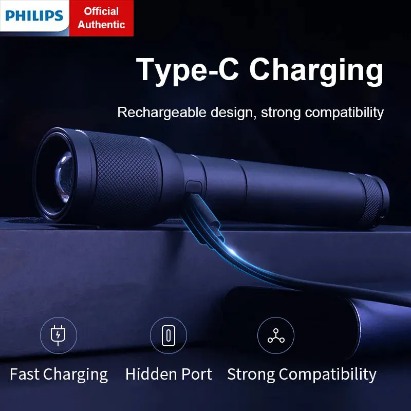 Philips SFL6168 Zoom Flashlight with USB Charging 18650 Battery Portable Flashlights Rechargeable Lamp for Self Defense Camping